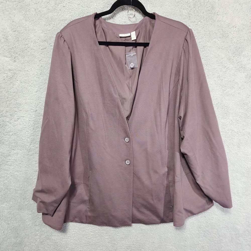 LOGO By Lori Goldstein Womens Jacket Blazer Plus Sz 4X‎ Taupe Ponte Puff Sleeve